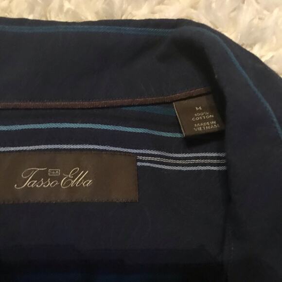Tasso Elba Medium Dark Blue Striped Button Down Shirt - Picture 4 of 5